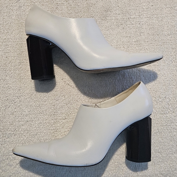 Zara Block Heel Pumps Size 9 White Brown Pointy Contemporary Avant Garde Chunky - Picture 2 of 10